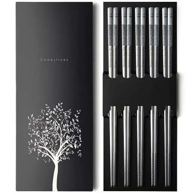 Main image of 18/8 Stainless Steel Chopsticks, 5 Pairs Reusable Metal Chopsticks with Laser Engraved, Dishwasher Safe Non-Slip Square Japanese Korean Style for Cooking Eating, 9 1/4 Inches Gift Set