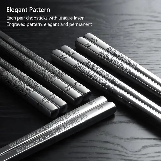 Alt view image 2 of 7 - 18/8 Stainless Steel Chopsticks, 5 Pairs Reusable Metal Chopsticks with Laser Engraved, Dishwasher Safe Non-Slip Square Japanese Korean Style for Cooking Eating, 9 1/4 Inches Gift Set