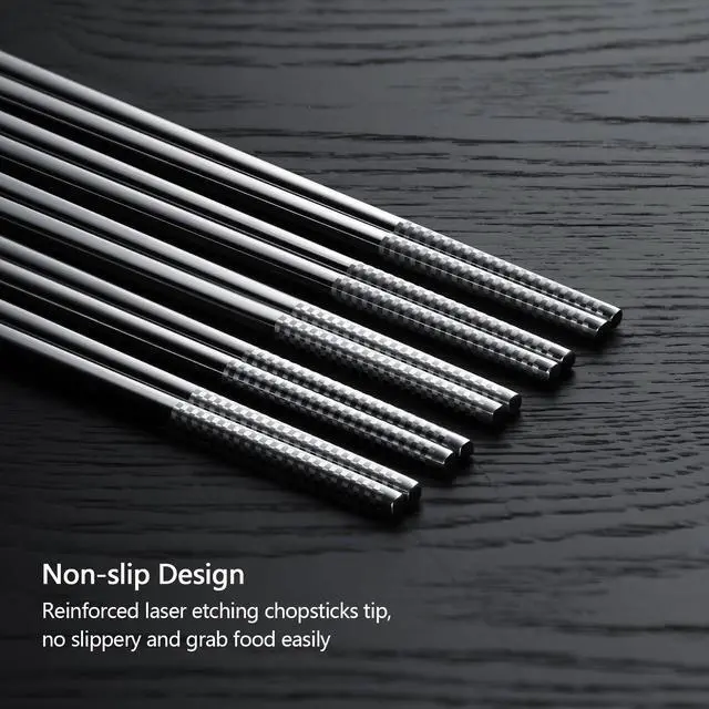Alt view image 4 of 7 - 18/8 Stainless Steel Chopsticks, 5 Pairs Reusable Metal Chopsticks with Laser Engraved, Dishwasher Safe Non-Slip Square Japanese Korean Style for Cooking Eating, 9 1/4 Inches Gift Set