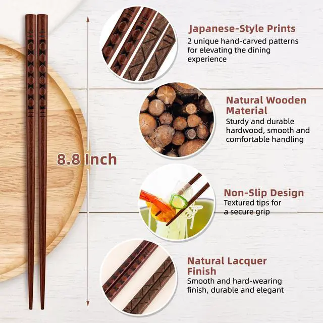Alt view image 3 of 7 - 5 Pairs Reusable Hardwood Chopsticks Set - Classic Japanese-Style Hand-Carved Design, Dishwasher Safe for Sushi, Ramen, Hot Pot & Asian Cuisine, 8.8-Inch/22.5cm Gift Set