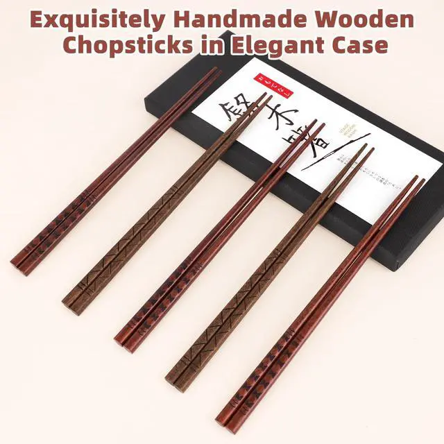 Alt view image 4 of 7 - 5 Pairs Reusable Hardwood Chopsticks Set - Classic Japanese-Style Hand-Carved Design, Dishwasher Safe for Sushi, Ramen, Hot Pot & Asian Cuisine, 8.8-Inch/22.5cm Gift Set