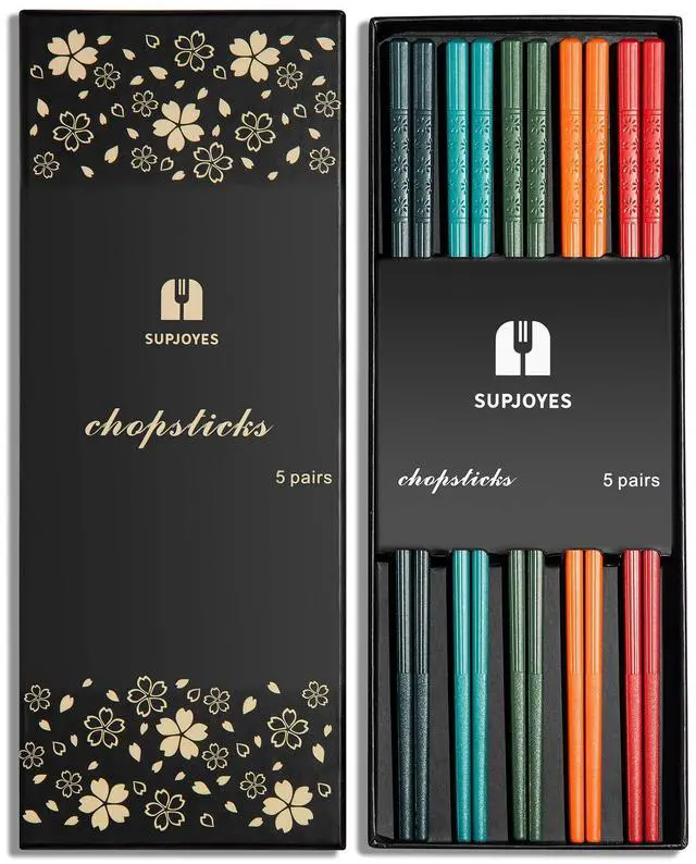 Main image of 5 Pairs Fiberglass Chopsticks - Multicolor Reusable Chopsticks Dishwasher Safe, Japanese Chinese Chop Sticks with Cherry Blossom Pattern, 9 1/2 Inches