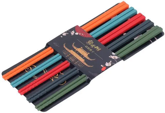 Alt view image 2 of 7 - 5 Pairs of Reusable Chinese Silicone Chopsticks with Classic Style Lightweight Hand Carved design. Includes Silicone Non Slip Stainless Steel Tableware for Kitchen Dining Tableware