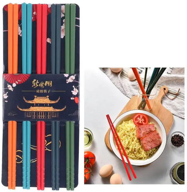 Alt view image 3 of 7 - 5 Pairs of Reusable Chinese Silicone Chopsticks with Classic Style Lightweight Hand Carved design. Includes Silicone Non Slip Stainless Steel Tableware for Kitchen Dining Tableware
