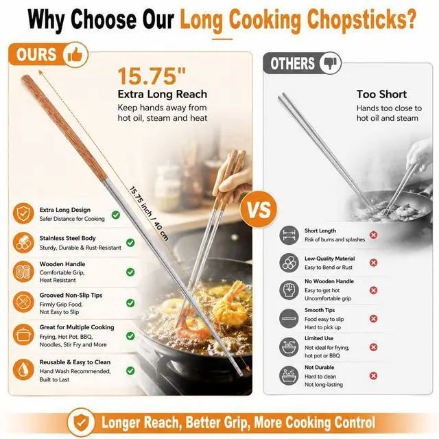 Alt view image 2 of 7 - 15.75 Inch Long Cooking Chopsticks, Stainless Steel with Wooden Handle, Non-Slip Utensil for Chinese Cooking, Hot Pot, BBQ, Noodles and Deep Frying, 1 Pair