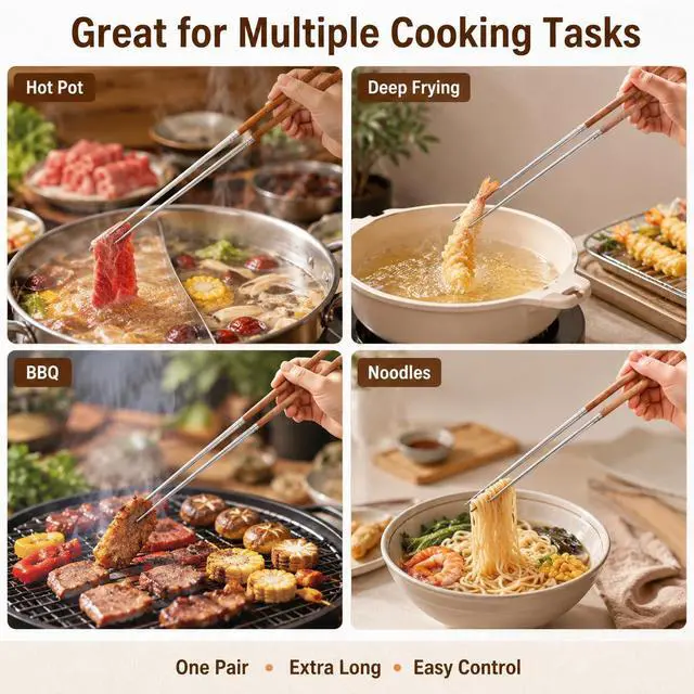 Alt view image 4 of 7 - 15.75 Inch Long Cooking Chopsticks, Stainless Steel with Wooden Handle, Non-Slip Utensil for Chinese Cooking, Hot Pot, BBQ, Noodles and Deep Frying, 1 Pair
