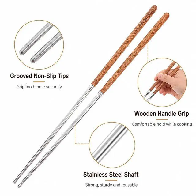 Alt view image 3 of 7 - 15.75 Inch Long Cooking Chopsticks, Stainless Steel with Wooden Handle, Non-Slip Utensil for Chinese Cooking, Hot Pot, BBQ, Noodles and Deep Frying, 1 Pair
