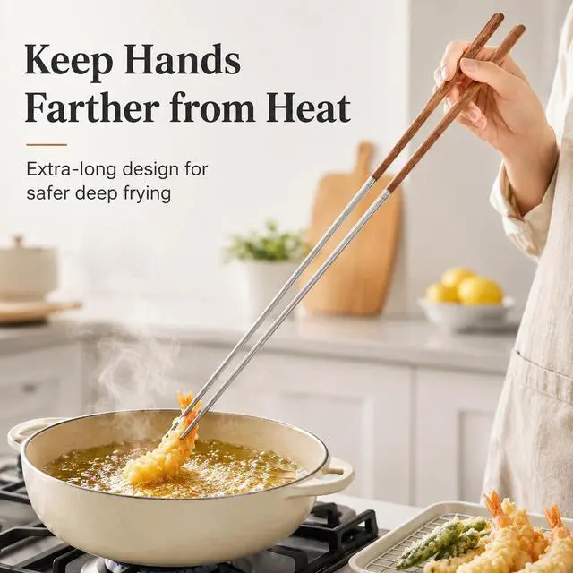 Alt view image 6 of 7 - 15.75 Inch Long Cooking Chopsticks, Stainless Steel with Wooden Handle, Non-Slip Utensil for Chinese Cooking, Hot Pot, BBQ, Noodles and Deep Frying, 1 Pair