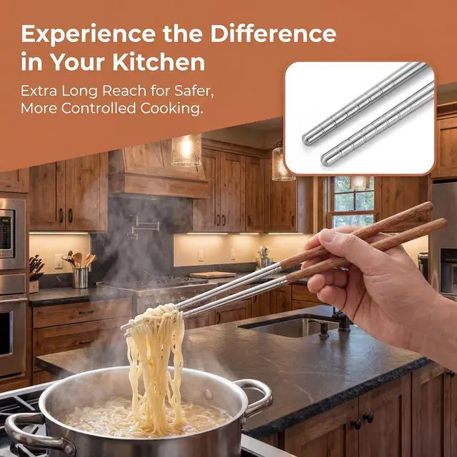 Alt view image 5 of 7 - 15.75 Inch Long Cooking Chopsticks, Stainless Steel with Wooden Handle, Non-Slip Utensil for Chinese Cooking, Hot Pot, BBQ, Noodles and Deep Frying, 1 Pair