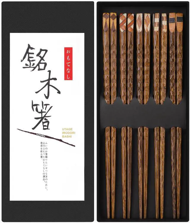 Main image of 5 Pairs Wooden Chopsticks Reusable Classic Japanese Style Chop Sticks Dishwasher Safe Hand-Carved Hardwood Chopsticks for Sushi, Ramen, Hot Pot and Asian Cuisine, 8.8 Inch/22.5cm Gift Set