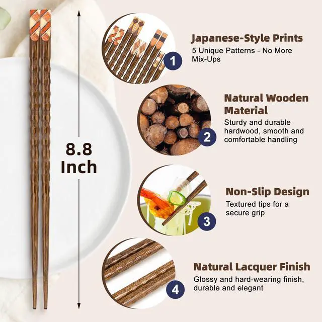 Alt view image 3 of 7 - 5 Pairs Wooden Chopsticks Reusable Classic Japanese Style Chop Sticks Dishwasher Safe Hand-Carved Hardwood Chopsticks for Sushi, Ramen, Hot Pot and Asian Cuisine, 8.8 Inch/22.5cm Gift Set