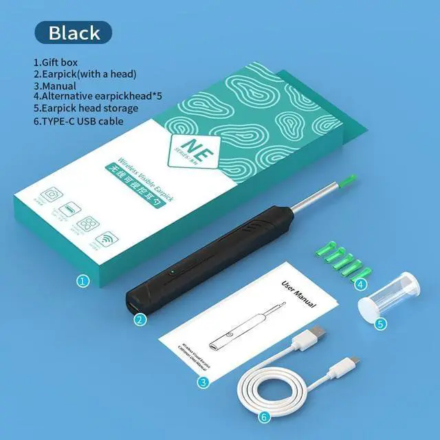 Alt view image 6 of 6 - Earwax Removal Kit with Camera and Light, 6 Ear Spoons, for iOS & Android Devices (Black)