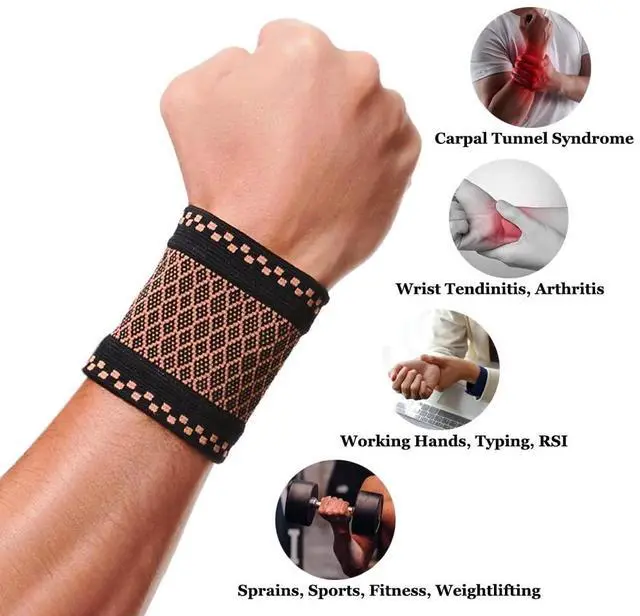 Alt view image 3 of 7 - Copper Wrist Compression Brace (2Pcs), Elastic Wrist Support Sleeve Wrist Braces for Tendonitis, Arthritis, Carpal Tunnel Pain Relief, Soft Wrist Wrap Wristbands for Sport, Fitness, Workout, Typing(S)