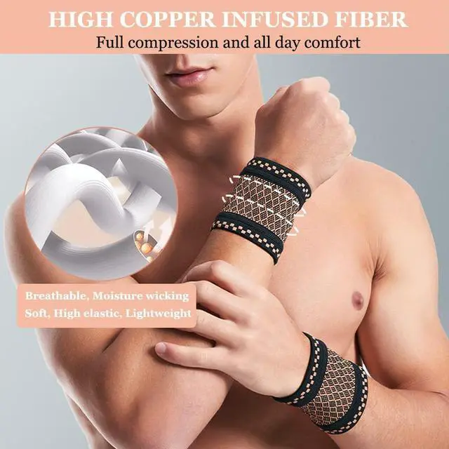 Alt view image 4 of 7 - Copper Wrist Compression Brace (2Pcs), Elastic Wrist Support Sleeve Wrist Braces for Tendonitis, Arthritis, Carpal Tunnel Pain Relief, Soft Wrist Wrap Wristbands for Sport, Fitness, Workout, Typing(S)