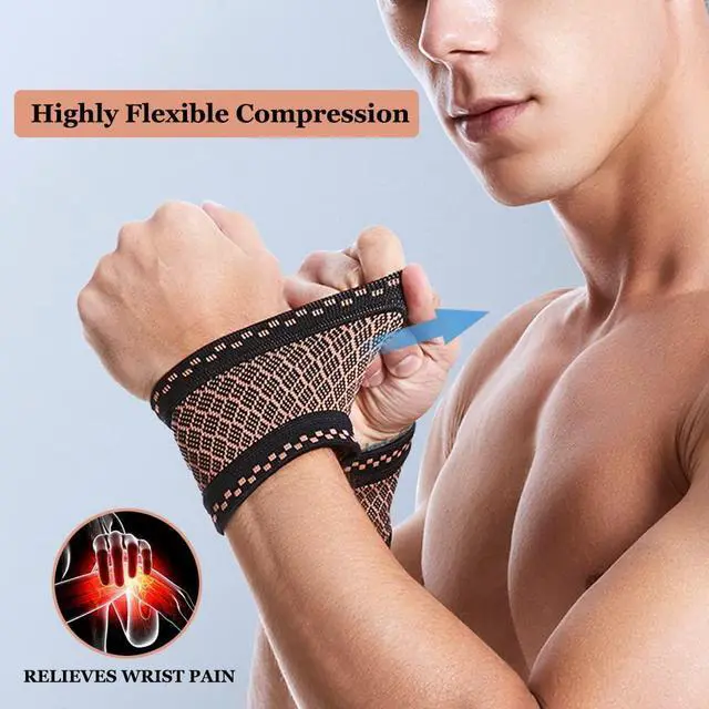 Alt view image 5 of 7 - Copper Wrist Compression Brace (2Pcs), Elastic Wrist Support Sleeve Wrist Braces for Tendonitis, Arthritis, Carpal Tunnel Pain Relief, Soft Wrist Wrap Wristbands for Sport, Fitness, Workout, Typing(S)
