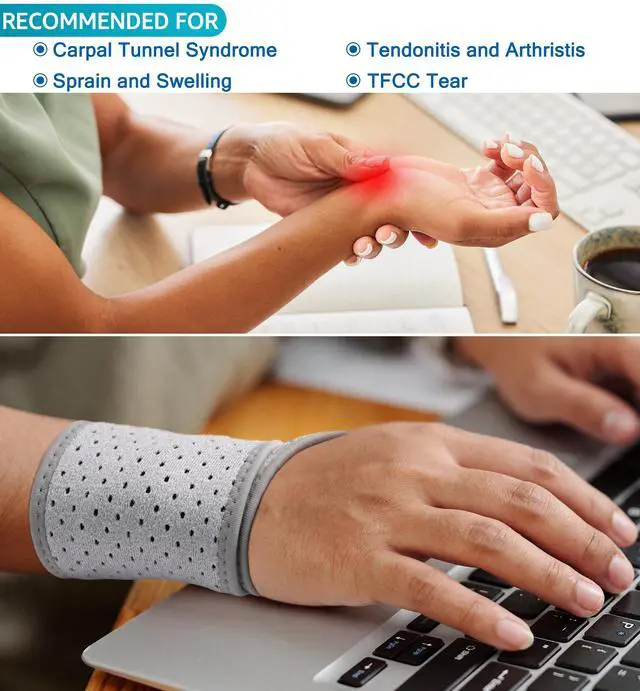 Alt view image 3 of 6 - Breathable Wrist Brace (2 Pack) for Relieve Wrist Pain from Carpal Tunnel, Arthritis, Tendonitis, Sprain, TFCC | Adjustable Wrist Wraps Support for Weightlifting, Tennis - Fits All (Gray)