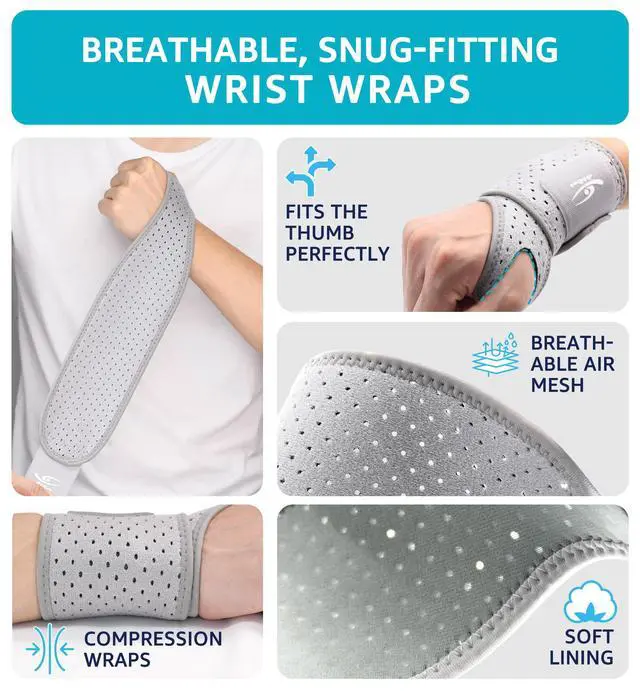 Alt view image 4 of 6 - Breathable Wrist Brace (2 Pack) for Relieve Wrist Pain from Carpal Tunnel, Arthritis, Tendonitis, Sprain, TFCC | Adjustable Wrist Wraps Support for Weightlifting, Tennis - Fits All (Gray)
