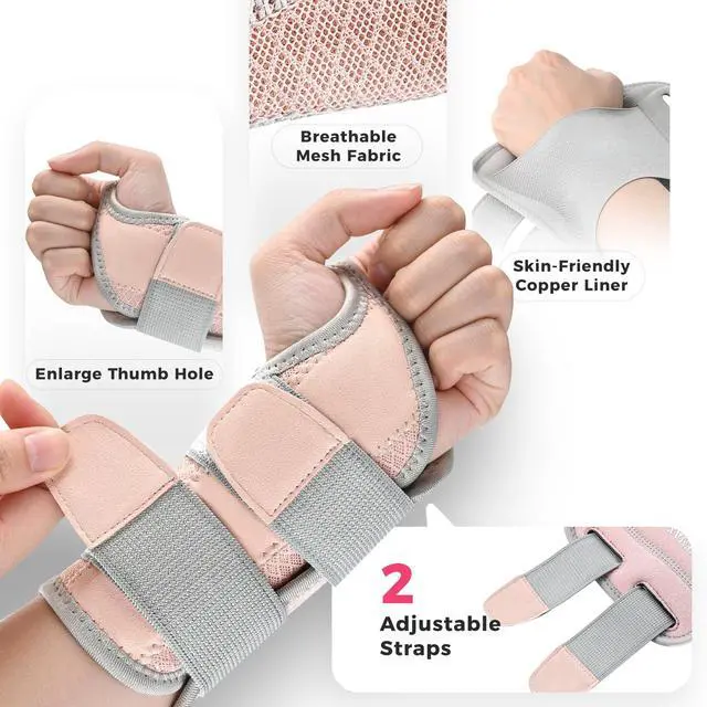 Alt view image 2 of 7 - Copper Carpal Tunnel Wrist Brace, Adjustable Wrist Support Splint for Night Sleep & Daytime Working, Hand Braces Pain Relief for Arthritis, Tendonitis, Sprain, Men & Women (Right Hand-Pink, S/M)