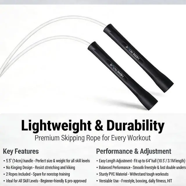 Alt view image 4 of 7 - Adjustable Jump Rope 5mm PVC Skipping Rope with Unbreakable Handles, Non-Kinking, Includes 1 Spare Rope for Indoor & Outdoor Fitness Training for Men, Women & Kids (Black-White)