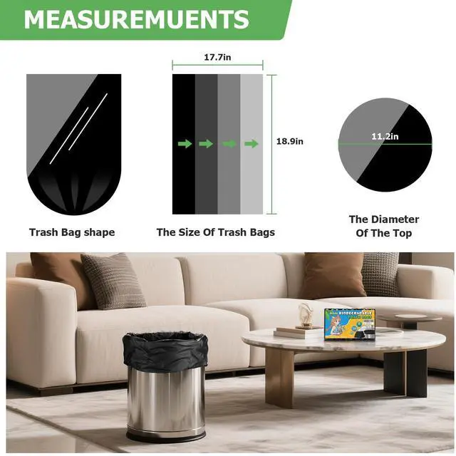 Alt view image 2 of 7 - Small Trash-Bag 3 Gallon - Compostable Black Unscented Garbage Bags Super Tough Disposable Wastebasket Liners for Kitchen Countertop, Bathroom, Office Small Bins