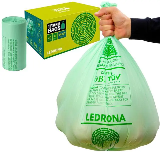 Main image of 30 Compostable Trash Bags - 13 Gallon Garbage Bags for Kitchen Bin - Unscented, Leak Proof, Extra Strong - Disposable Food Waste Basket Liners - Certified by BPI & OK compost HOME by TÜV AUSTRIA
