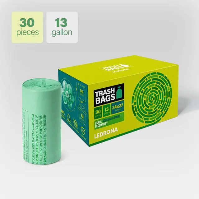 Alt view image 2 of 7 - 30 Compostable Trash Bags - 13 Gallon Garbage Bags for Kitchen Bin - Unscented, Leak Proof, Extra Strong - Disposable Food Waste Basket Liners - Certified by BPI & OK compost HOME by TÜV AUSTRIA