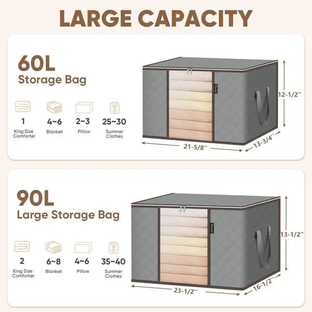 Alt view image 5 of 7 - 6 Pack Clothes Storage Bags, 16 Gallon Storage Containers with Reinforced Handle, Sturdy Zipper, Closet Organizer for Blanket, Comforter, Pillow, Bedding (Grey, 6 Pack)
