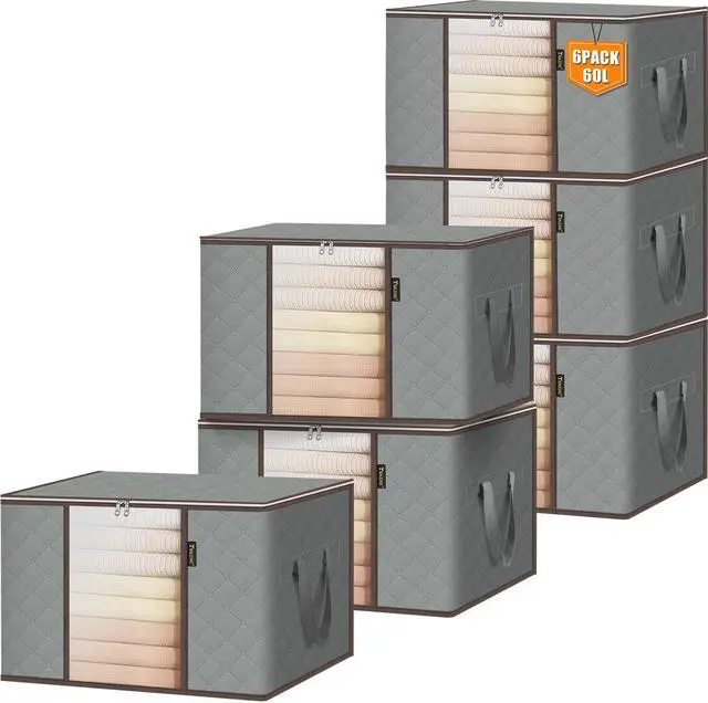 Main image of 6 Pack Clothes Storage Bags, 16 Gallon Storage Containers with Reinforced Handle, Sturdy Zipper, Closet Organizer for Blanket, Comforter, Pillow, Bedding (Grey, 6 Pack)