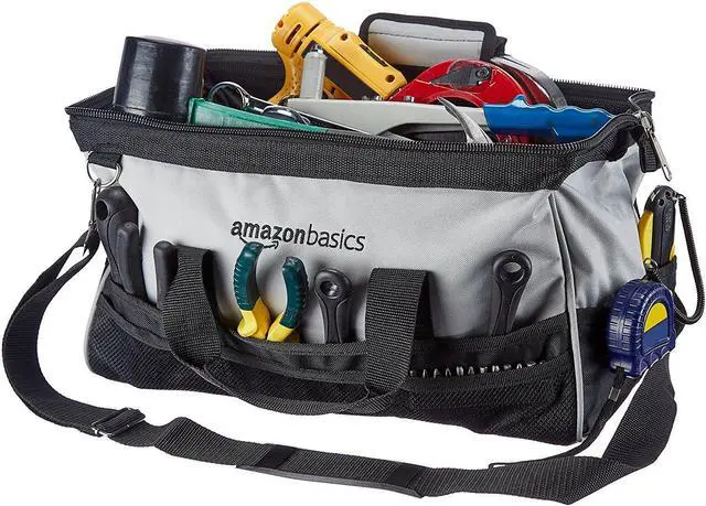 Alt view image 2 of 7 - Durable Wear-Resistant Tool Storage Bag with Adjustable Shoulder Strap, Portable Tool Organizer, 16 in, Black & Grey