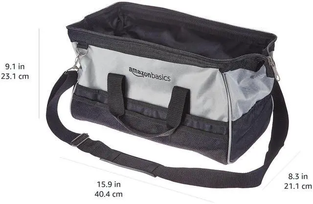 Alt view image 4 of 7 - Durable Wear-Resistant Tool Storage Bag with Adjustable Shoulder Strap, Portable Tool Organizer, 16 in, Black & Grey