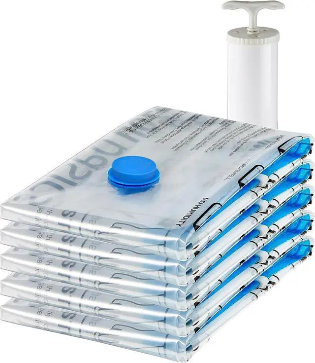 Main image of Vacuum Storage Bags, Compression Space Saving for Clothes and Linens, Reusable with Hand Pump, Large, Clear, 5-Pack
