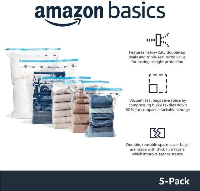 Alt view image 2 of 6 - Vacuum Storage Bags, Compression Space Saving for Clothes and Linens, Reusable with Hand Pump, Large, Clear, 5-Pack