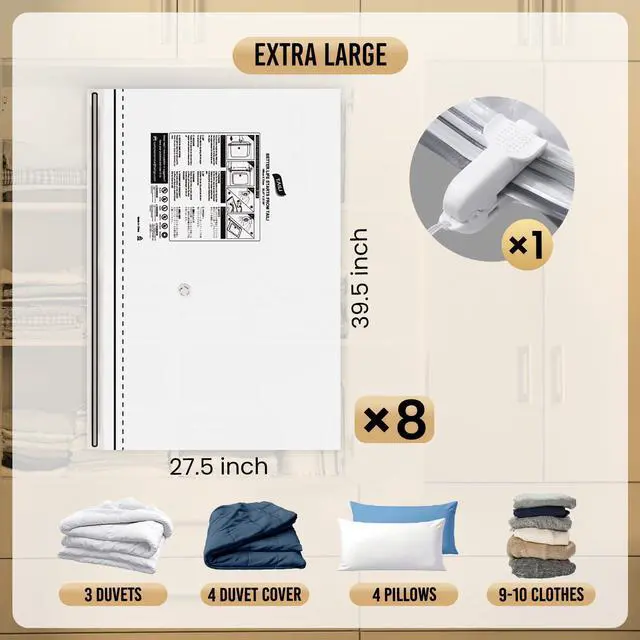 Alt view image 3 of 7 - 8 Pack Vacuum Storage Bags, Jumbo Size 39x28 inch, LONG SIDE ZIP Vacuum Seal Bags for Beddings, Extra Large Storage Space Saver for Clothing, Comforters, Blankets, Pillows