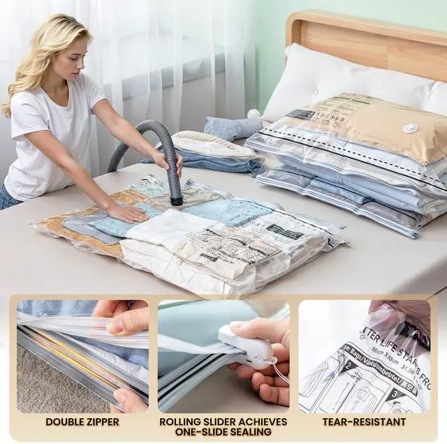 Alt view image 7 of 7 - 8 Pack Vacuum Storage Bags, Jumbo Size 39x28 inch, LONG SIDE ZIP Vacuum Seal Bags for Beddings, Extra Large Storage Space Saver for Clothing, Comforters, Blankets, Pillows