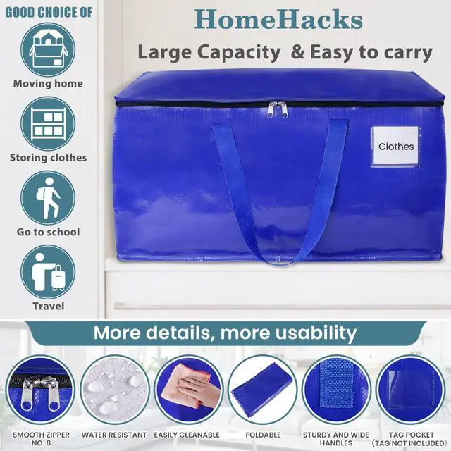 Alt view image 3 of 7 - Moving Bags, 8-Pack Heavy Duty with Strong Zippers and Handles Collapsible Moving Supplies, Storage Totes for Packing & Moving Storing 93L-8 Pack (Blue)