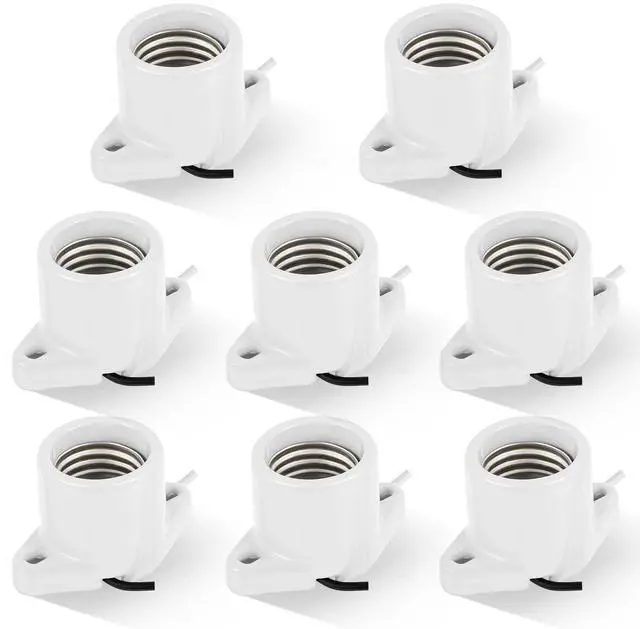 Main image of 8 Pcs 4 Pcs E26 Light Socket Medium Base Porcelain Lamp Holder Keyless Cleat Bulb Socket with Two Hole Flanged Mounting with 6" Leads for Home Room Garage Closet Indoor Outdoor Lighting
