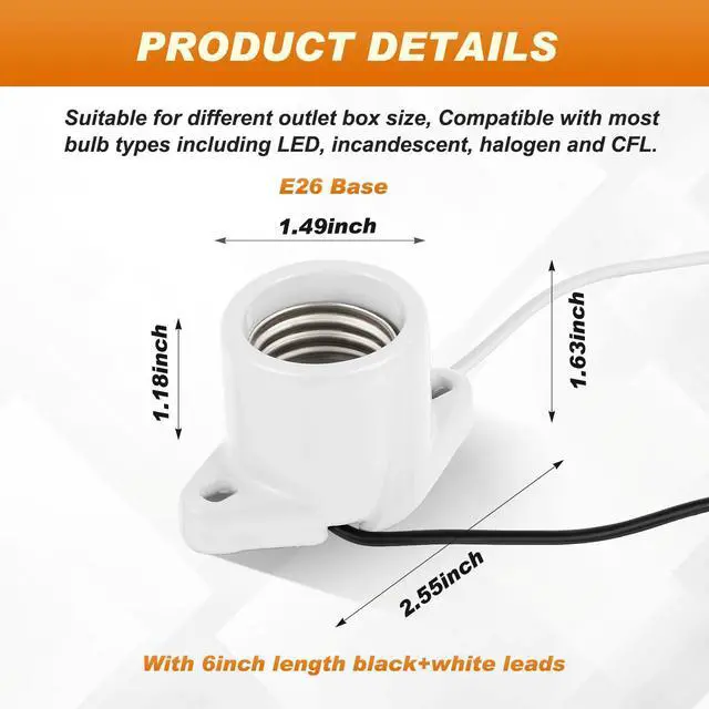 Alt view image 2 of 6 - 8 Pcs 4 Pcs E26 Light Socket Medium Base Porcelain Lamp Holder Keyless Cleat Bulb Socket with Two Hole Flanged Mounting with 6" Leads for Home Room Garage Closet Indoor Outdoor Lighting