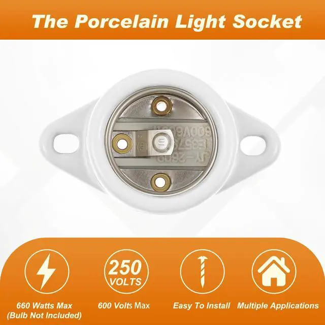 Alt view image 3 of 6 - 8 Pcs 4 Pcs E26 Light Socket Medium Base Porcelain Lamp Holder Keyless Cleat Bulb Socket with Two Hole Flanged Mounting with 6" Leads for Home Room Garage Closet Indoor Outdoor Lighting