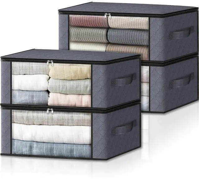 Main image of Storage 4-Pack Clothes Organizer Storage Bags Foldable Storage Box with Large Clear Window Sturdy Handles for Closet, Dorm, Pillows, Bedding, Clothes, Stuffed Toys, Blankets, Grey
