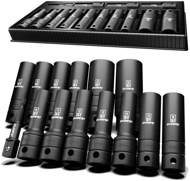 Main image of 14-Piece 1/2-Inch Super-Rugged and Durable Impact Socket Set, Well-Made Industrial Grade Thicker Metric Deep Sockets & Socket Sets with Drill Socket Adapter 1/2 Drive, exceed than ANSI