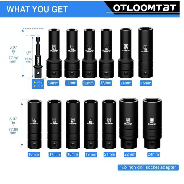 Alt view image 3 of 7 - 14-Piece 1/2-Inch Super-Rugged and Durable Impact Socket Set, Well-Made Industrial Grade Thicker Metric Deep Sockets & Socket Sets with Drill Socket Adapter 1/2 Drive, exceed than ANSI
