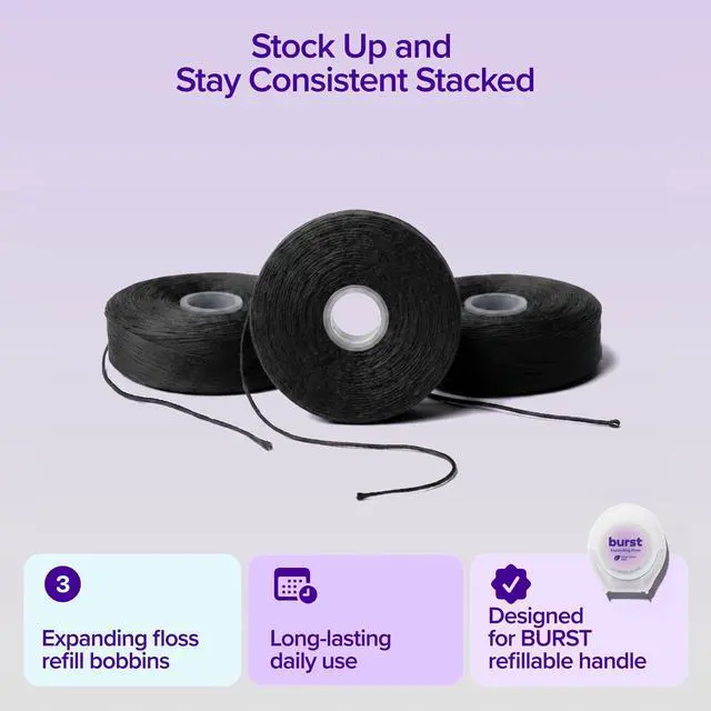 Alt view image 7 of 7 - Expanding Dental Floss Refills (32 Yards/3 Pack) | Mint Eucalyptus Aroma Bobbins | Woven Tooth Floss | Stain-Absorbing | Vegan | Paraben, BPA & Cruelty-Free | Smart Expanding Floss Refills