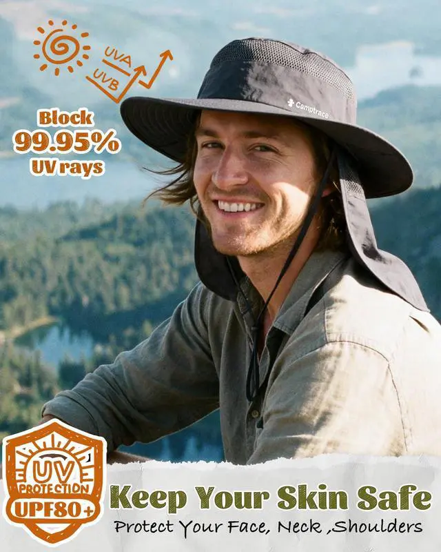 Alt view image 2 of 7 - UPF 80+ Sun Hats for Men Women Wide Brim Sun Protection Mesh Hat with Neck Flap Fishing Hiking Gardening Hats Dark Grey