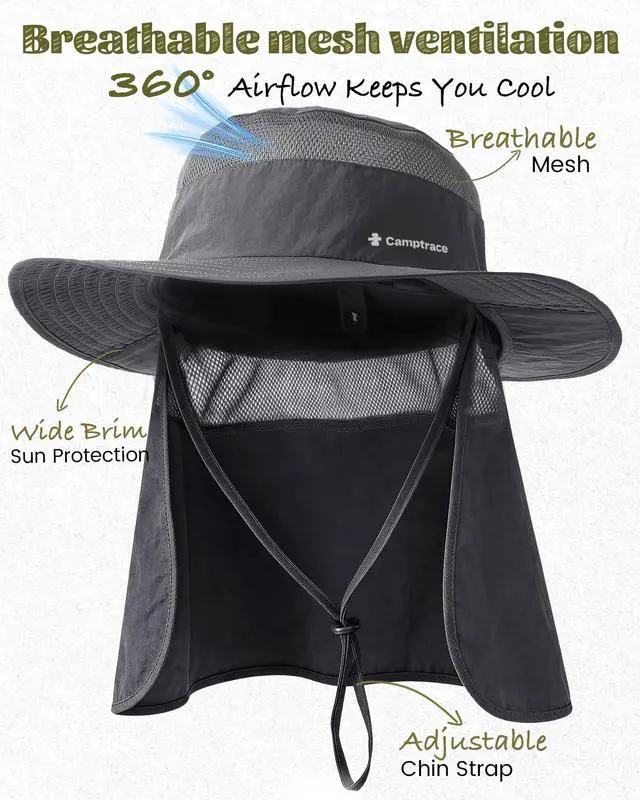 Alt view image 3 of 7 - UPF 80+ Sun Hats for Men Women Wide Brim Sun Protection Mesh Hat with Neck Flap Fishing Hiking Gardening Hats Dark Grey