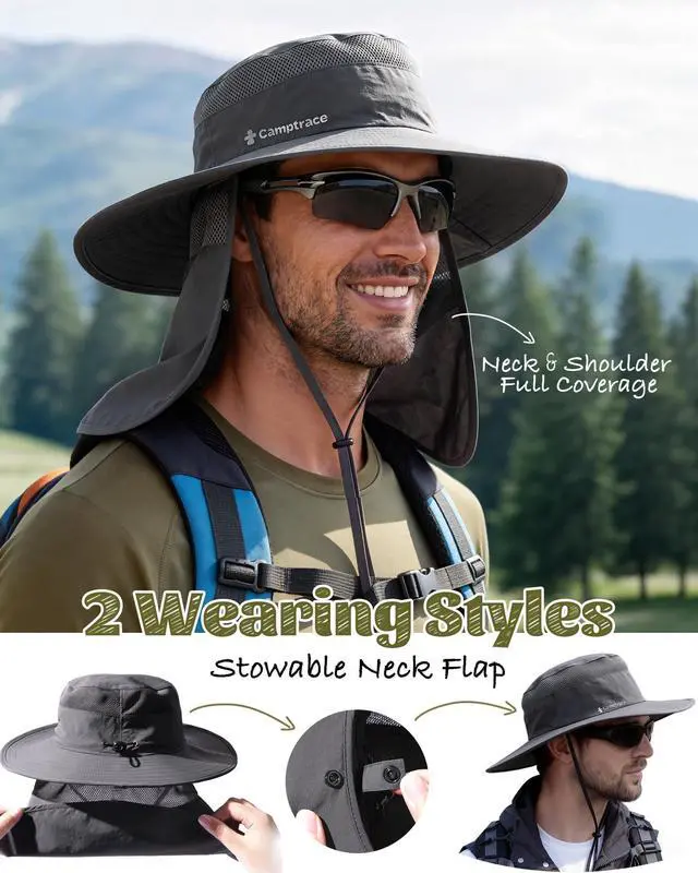 Alt view image 4 of 7 - UPF 80+ Sun Hats for Men Women Wide Brim Sun Protection Mesh Hat with Neck Flap Fishing Hiking Gardening Hats Dark Grey