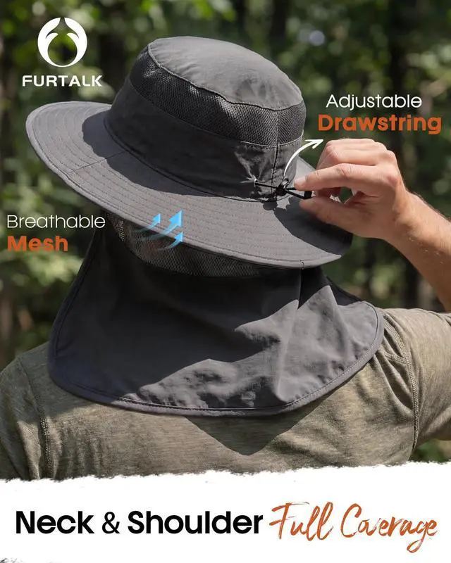 Alt view image 4 of 7 - Sun Hats for Men Women Fishing Hat with Neck Flap UPF 80+ Breathable Wide Brim Hiking Safari Summer Bucket Hats Dark Grey