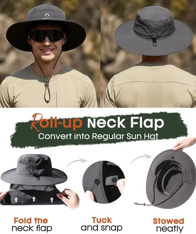 Alt view image 6 of 7 - Sun Hats for Men Women Fishing Hat with Neck Flap UPF 80+ Breathable Wide Brim Hiking Safari Summer Bucket Hats Dark Grey