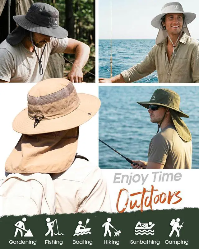 Alt view image 5 of 7 - Sun Hats for Men Women Fishing Hat with Neck Flap UPF 80+ Breathable Wide Brim Hiking Safari Summer Bucket Hats Dark Grey