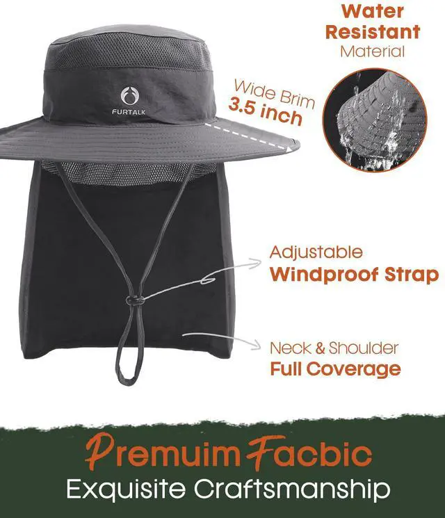Alt view image 7 of 7 - Sun Hats for Men Women Fishing Hat with Neck Flap UPF 80+ Breathable Wide Brim Hiking Safari Summer Bucket Hats Dark Grey