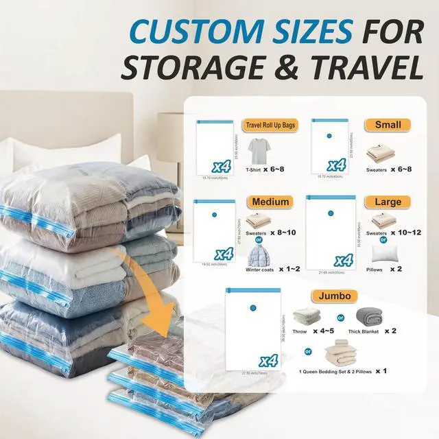 Alt view image 3 of 7 - Vacuum Storage Bags, 80% Compression Vacuum Seal Space Saver Plastic Packaging Bags for Clothes, Blankets, Pillow, Bedding, Comforters, Sealer Clothing Storage,20 Combo